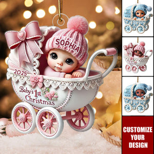 3D Effect Newborn Baby In Carriage Christmas Personalized Ornament