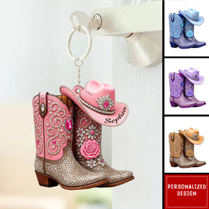 Personalized Cowgirl Boots & Hat Keychain β Custom Name Gift For Girls