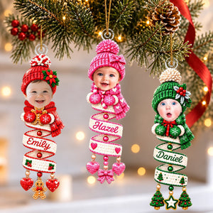 Personalized Baby Face Photo In Snowman Spiral Ornament