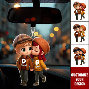 Fall Season 3D Effect Cute Cartoon Couple Walking Personalized Car Ornament