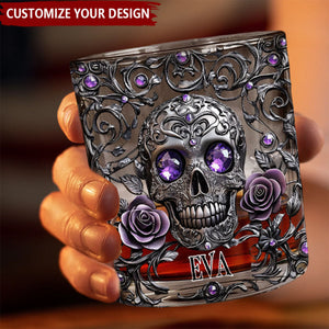 Beautiful Skull And Roses - Personalized Skull Whiskey Glass