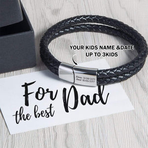 Personalized Engraved Bracelet With Black Leather - Gift For Dad