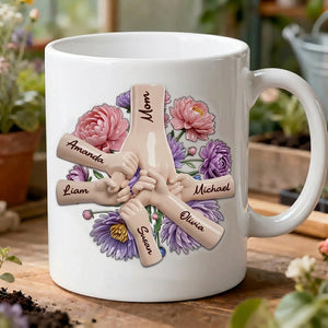 Personalized Family Hands Floral Ceramic Mug, Custom Family Names, Unique Gift For Mom And Family