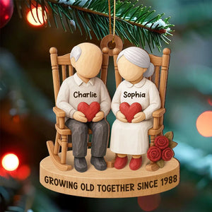 Old Couple Sitting On Chair-Personalized Wooden Ornament, Christmas Gift For Him Or Her