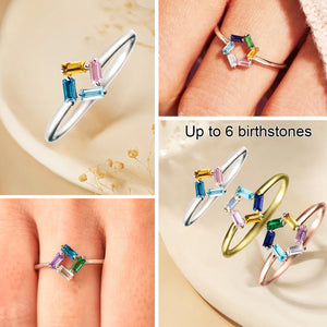 Personalized Baguette Grandma Mom 3-6 Birthstones Family 925 Silver Ring