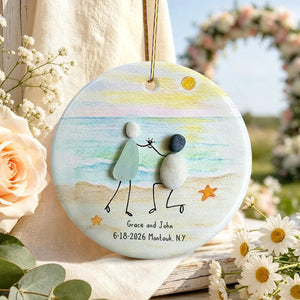 Personalized Sea Glass Pebble Engagement Glass Ornament, Newlyweds Gift