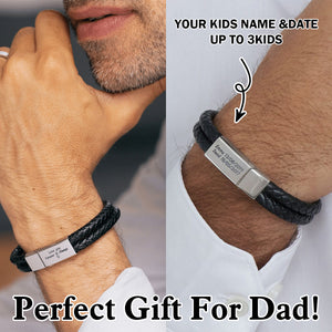 Personalized Engraved Bracelet With Black Leather - Gift For Dad