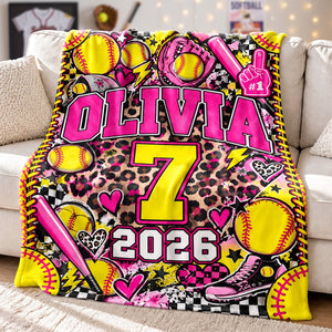 Personalized Softball Girl Blanket, Custom Name & Player Number Gift