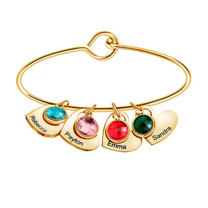 Personalized Mother's Bangle Bracelet With Custom Heart Charms & Birthstones