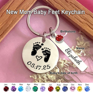 Personalized Baby Feet Birthstone Keychain, Gift for New Mom
