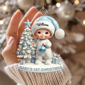 Cute Baby Standing Beside Christmas Tree 3D Effect Baby's First Christmas Personalized Ornament