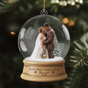 First Christmas Married Ornament - Custom Photo Snow Globe Keepsake