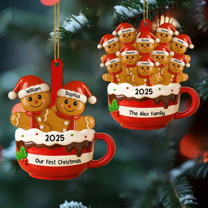 Gingerbread Family In Hot Cocoa Mug - Custom Christmas Wood Ornament