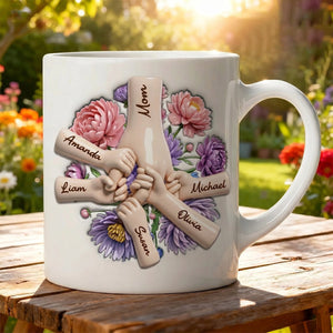 Personalized Family Hands Floral Ceramic Mug, Custom Family Names, Unique Gift For Mom And Family