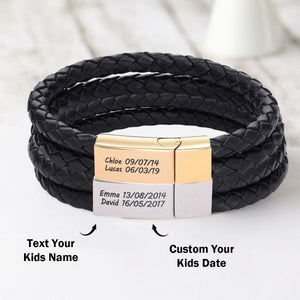 Personalized Engraved Bracelet With Black Leather - Gift For Dad