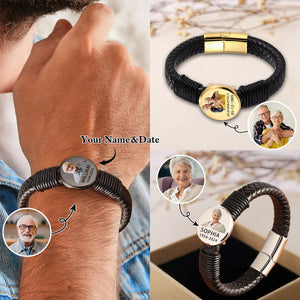 Personalized Custom Photo Engraved Name&Date Leather Bracelet - Gift For Christmas