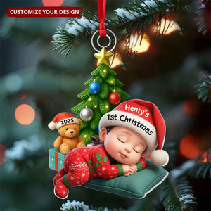 Sleeping Baby in Christmas Pajama Personalized Acrylic Ornament, Baby's 1st Christmas