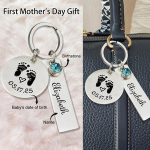 Personalized Baby Feet Birthstone Keychain, Gift for New Mom