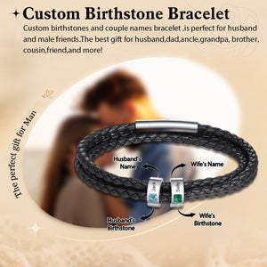 Personalized Double Birthstones Men Braided Leather Bracelet