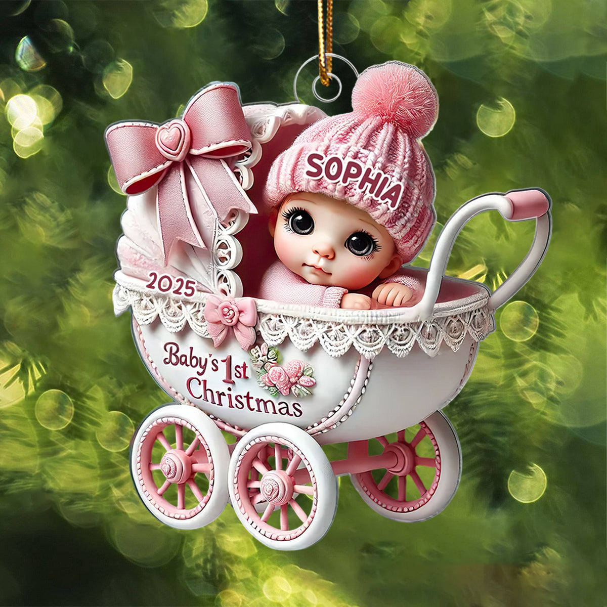 3D Effect Newborn Baby In Carriage Christmas Personalized Ornament