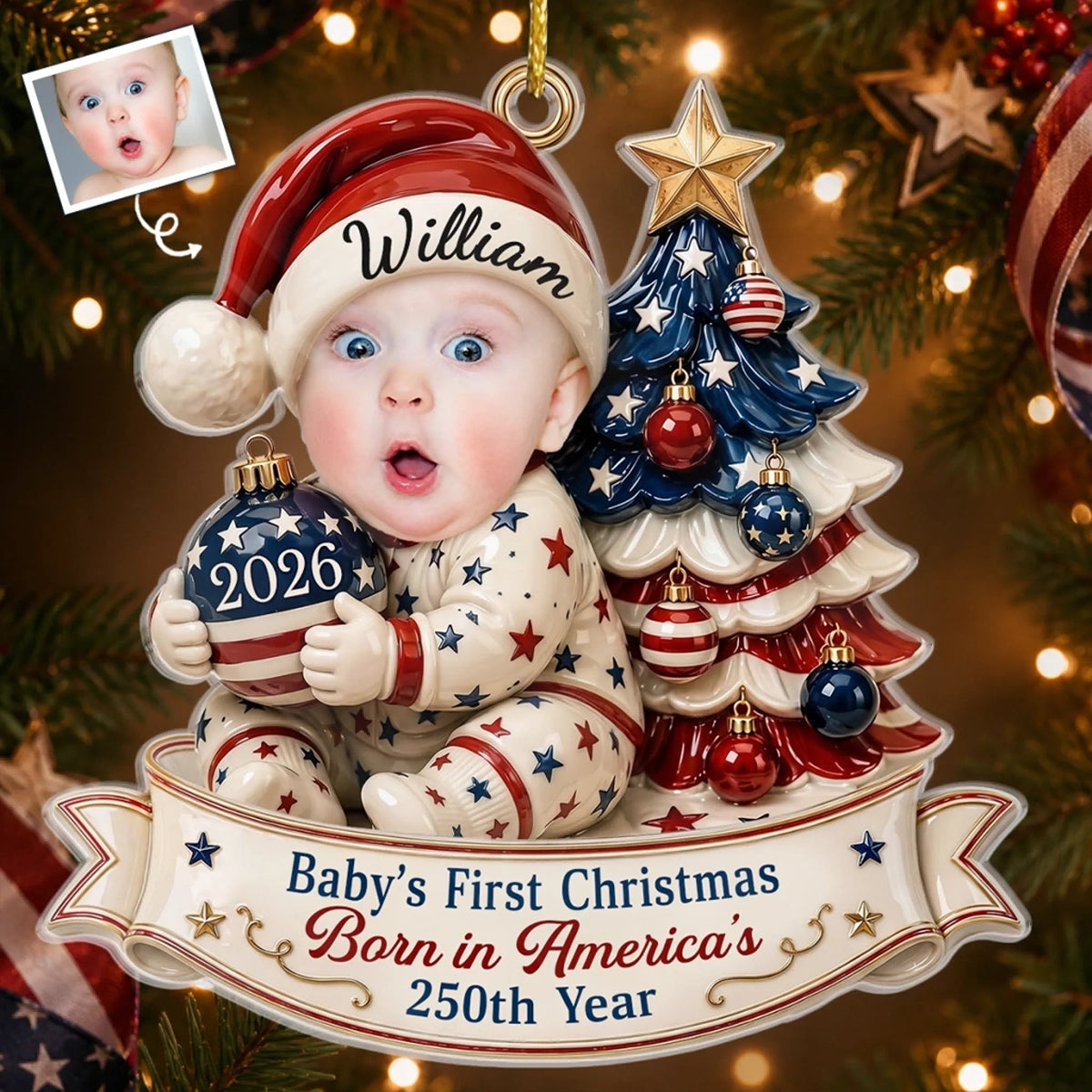 Personalized Baby's First Christmas Photo Ornament, Patriotic New Parent Gift