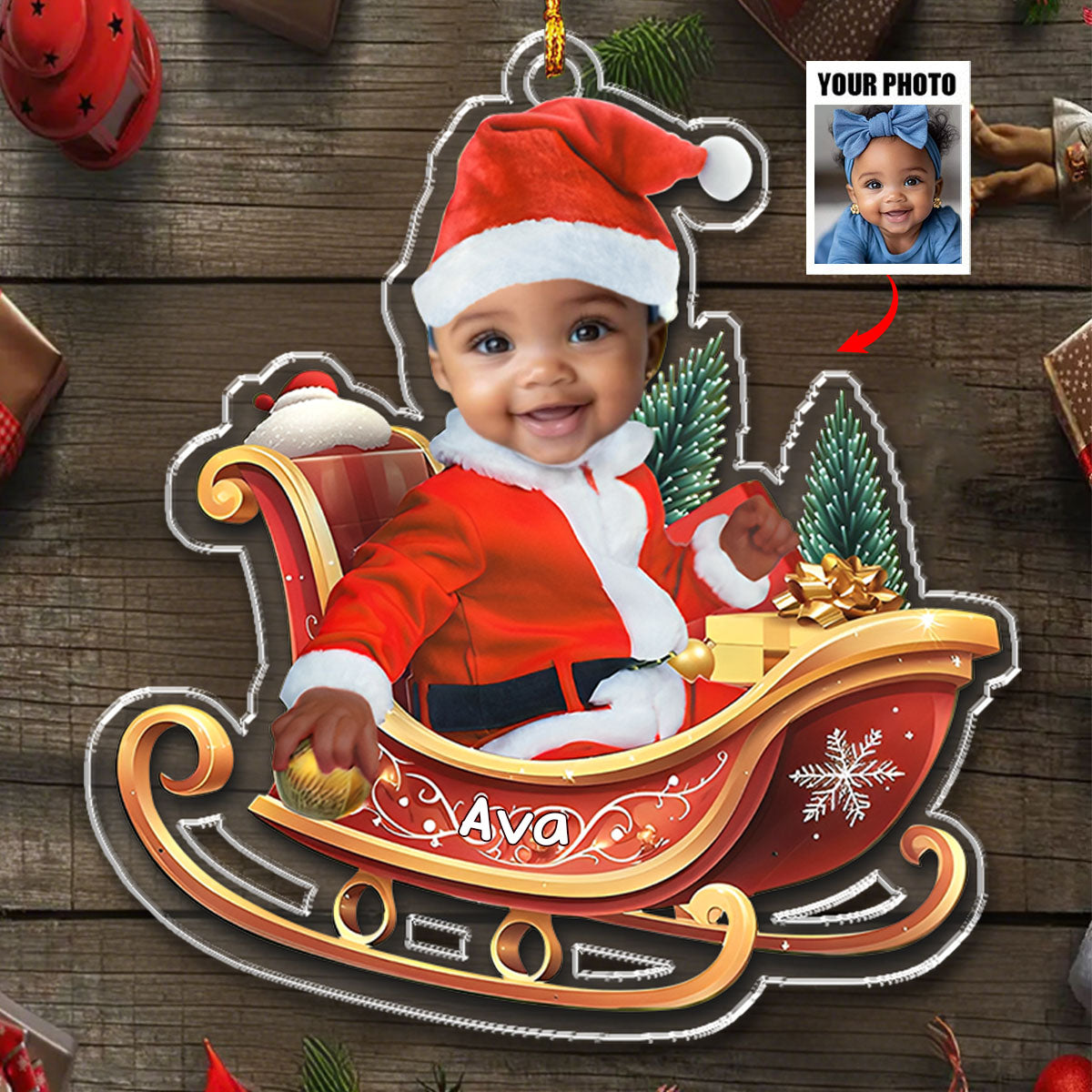 Baby In Sleigh - Custom Photo Acrylic Ornament For Christmas