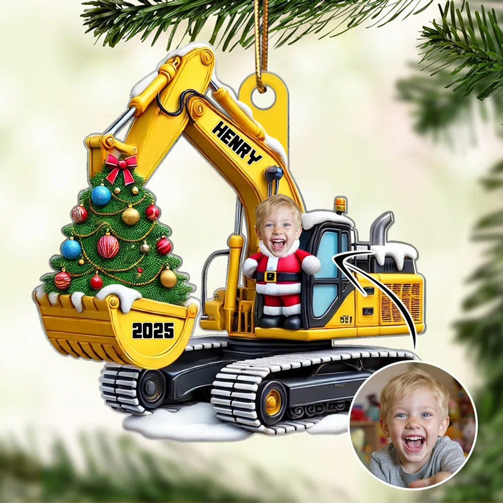 Personalized Xmas Excavator Construction Backhoe Kid Photo 3D Effect Ornament