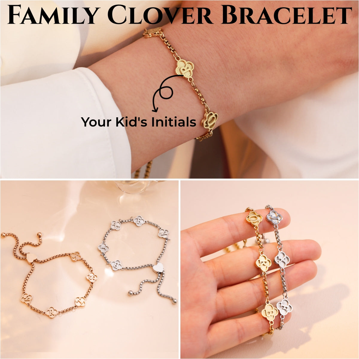 Personalized Family Clover Custom Initial Bracelet - Gift For Grandma/Mom
