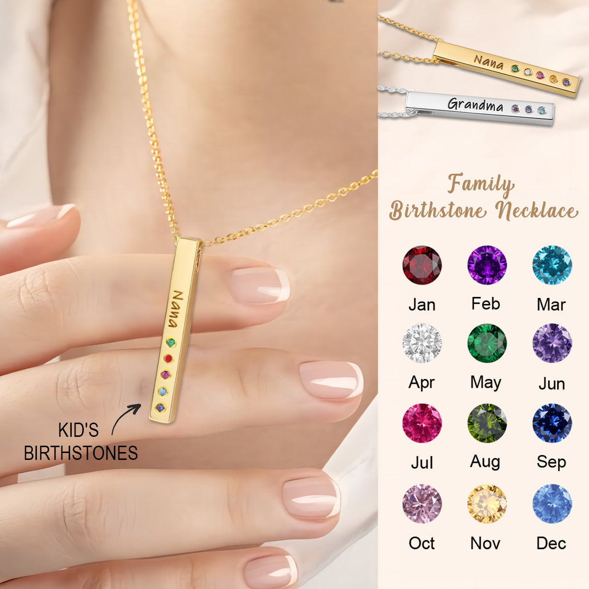 Personalized Grandma Mom Family Birthstone Bar Necklace