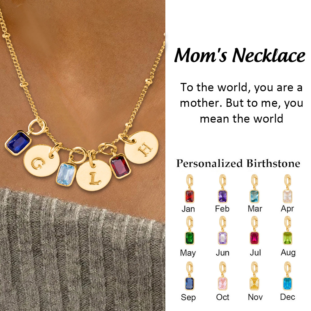 Personalized Rectangle Birthstone Initial Necklace For Mom Grandma