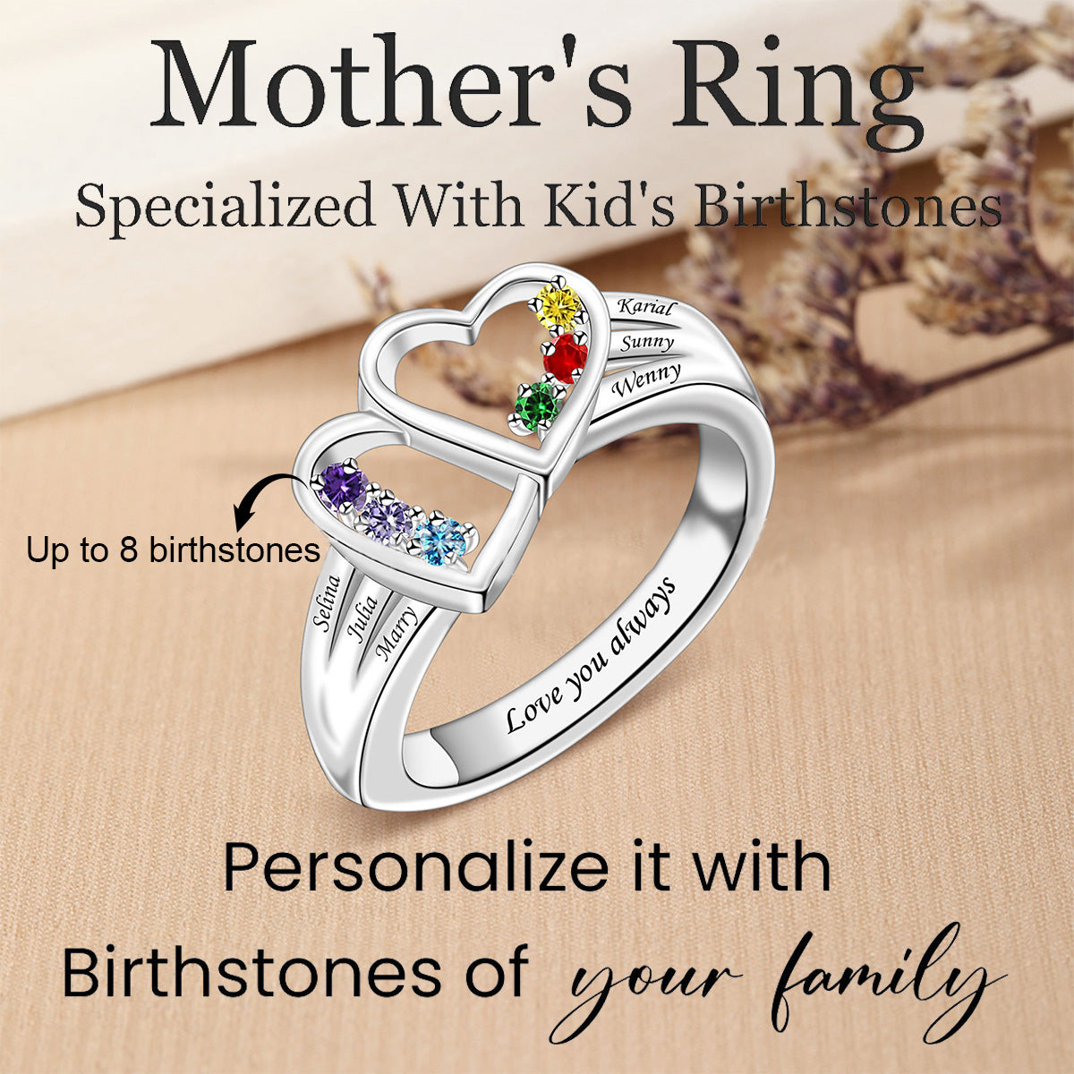 Personalized Grandma Mom 2-8 Family Heart-to-heart Birthstones Ring