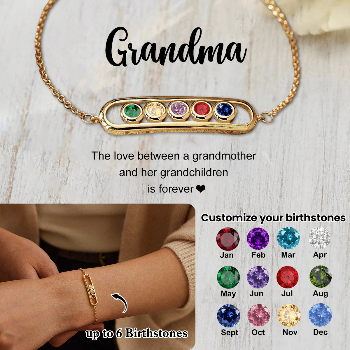 Personalized Grandma Mom 1-6 Family Birthstones Bracelet