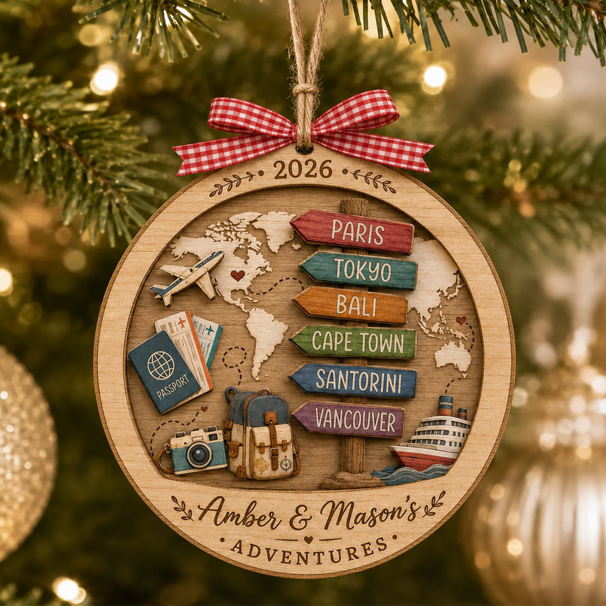 Personalized Travel Adventure Christmas Ornament 2026, Custom Names Gift