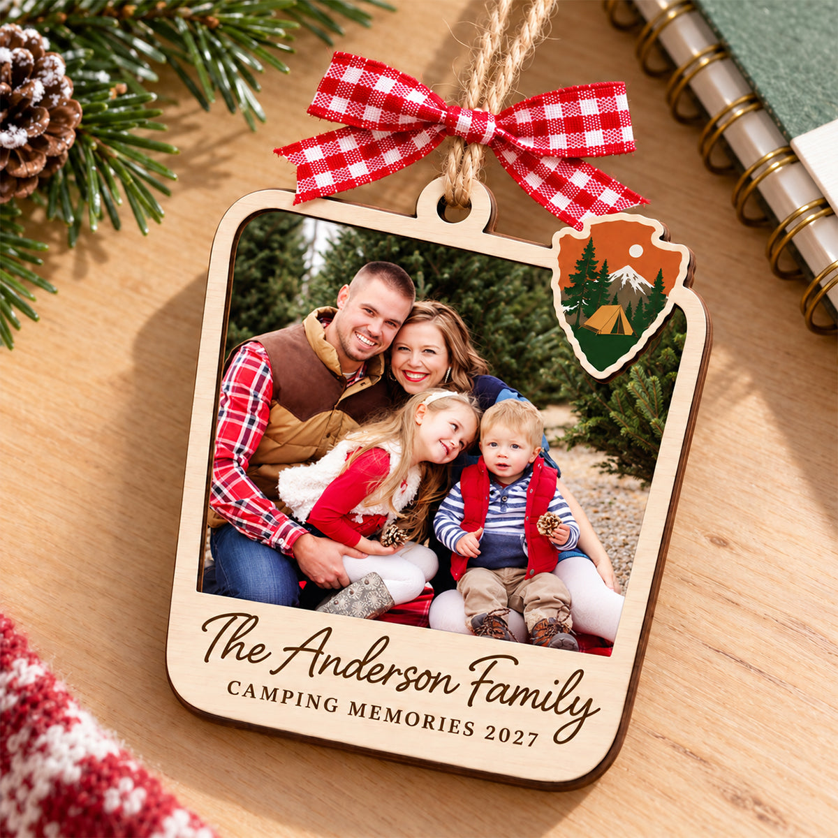 Personalized Camping Adventure Wooden Christmas Ornament, Custom Family Photo Gift
