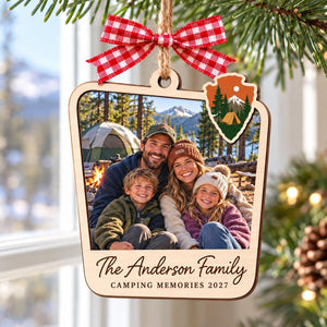 Personalized Camping Adventure Wooden Christmas Ornament, Custom Family Photo Gift