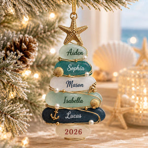 Custom Sea Glass Tree 2026 Ornament, Personalized Coastal Family Christmas Gift