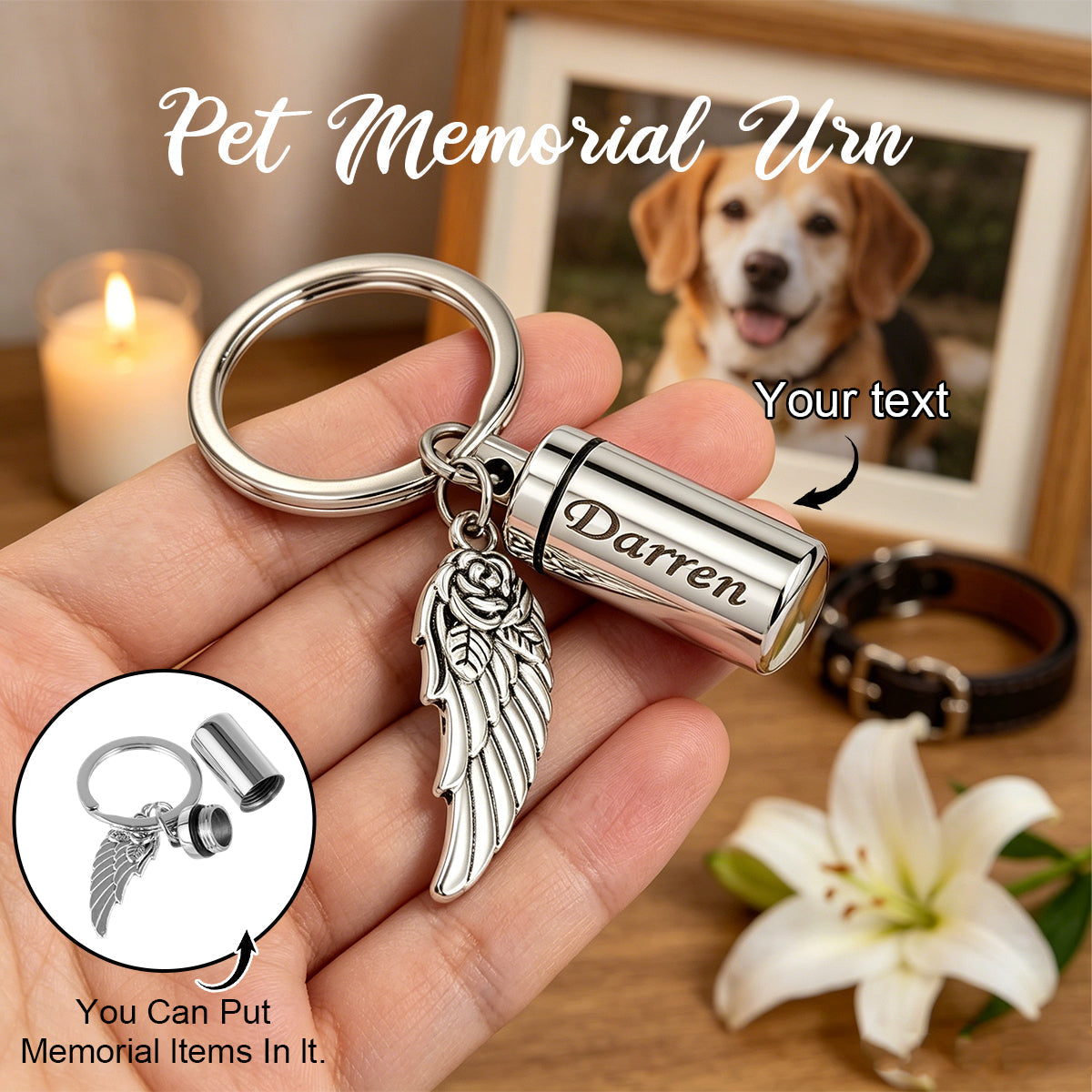 Personalized Memorial Pet Urn Keychain With Angel Wing