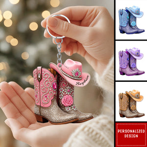 Personalized Cowgirl Boots & Hat Keychain – Custom Name Gift For Girls