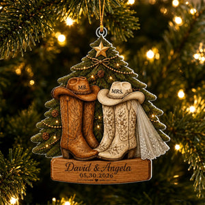 Personalized First Christmas Married Ornament, Cowboy Boots Western Couple Ornament
