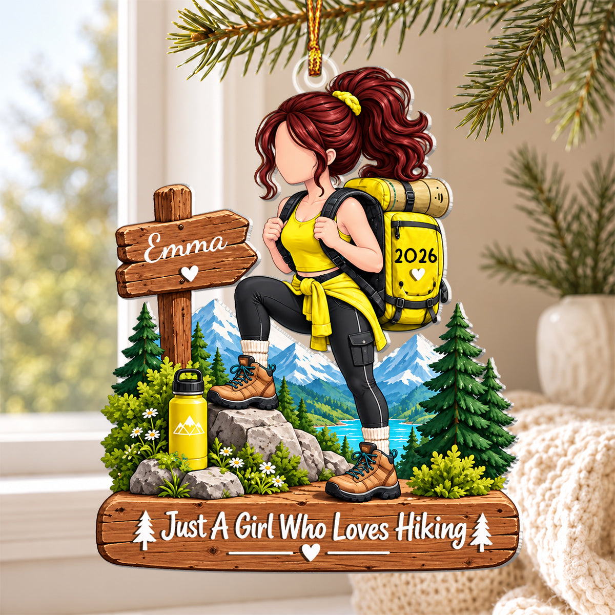 Personalized Hiking Girl Ornament, Custom Name Adventure Christmas Keepsake