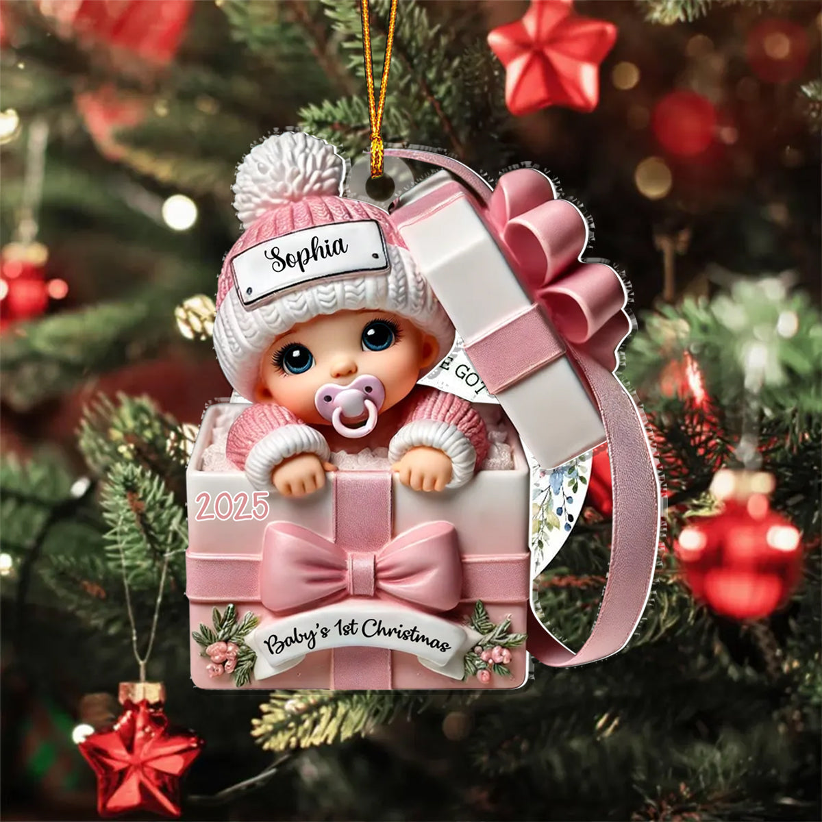 Baby Inside Gift Box 3D Effect Personalized Acrylic Ornament- Gift for Newborn