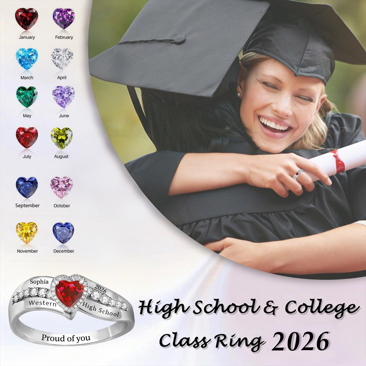 Personalized Birthstone Ring Class of 2026 Engraved Graduation Gift