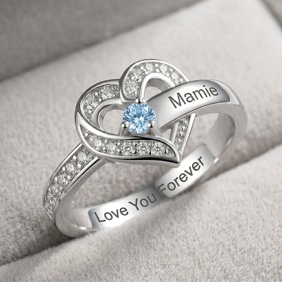 Personalized Name Heart Promise Birthstone Memorial Ring