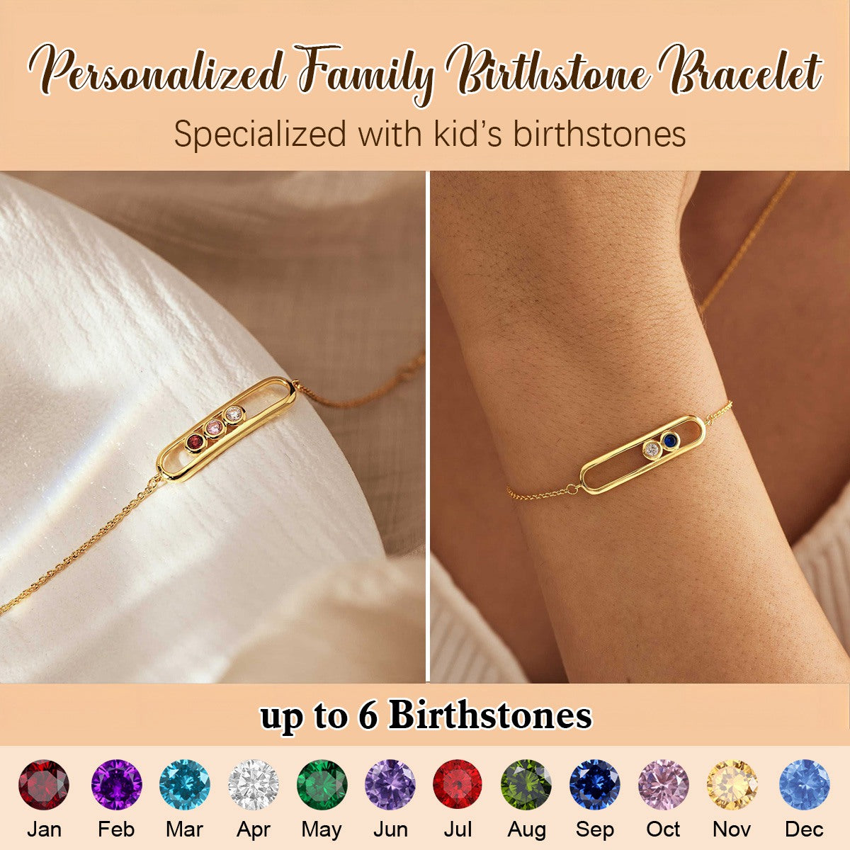 Personalized Grandma Mom 1-6 Family Birthstones Bracelet