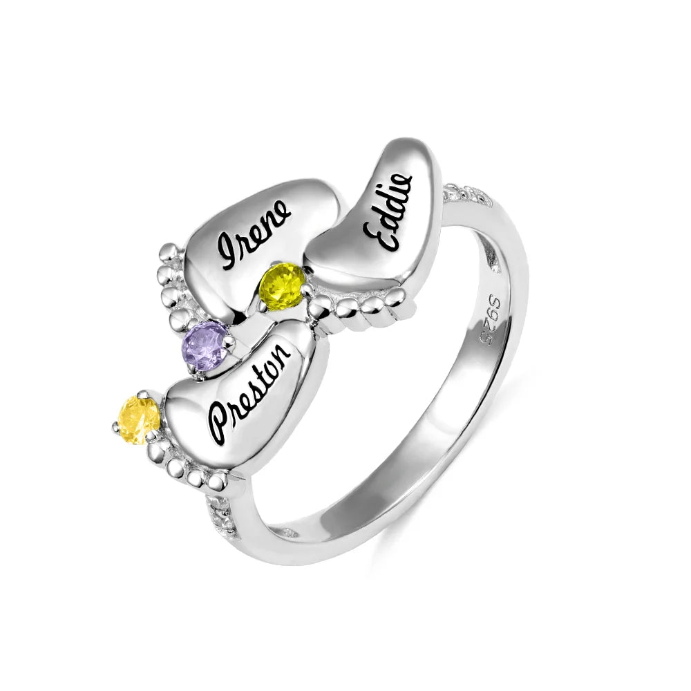 Personalized Mom 1-4 Family Footprint Birthstones And Names Ring