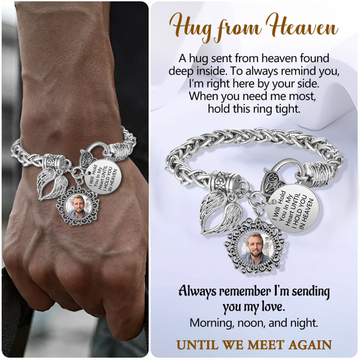 Custom Memorial Photo & Text Bracelet, Angel Wing Sympathy Gift