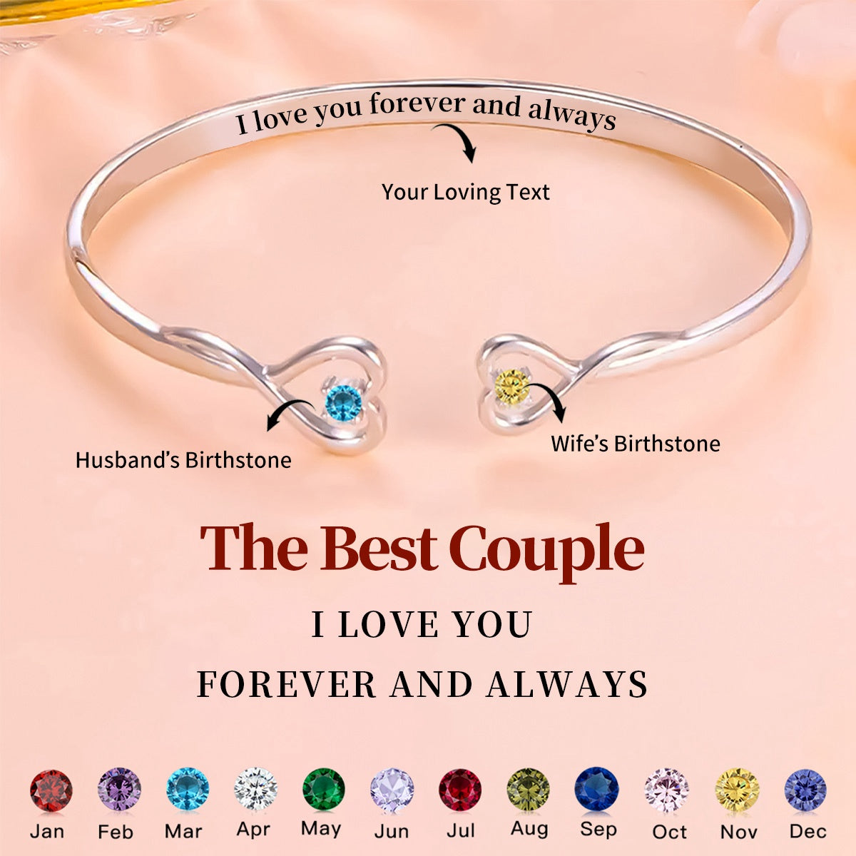 For Women - I Love You Forever And Always Personalized Birthstones Bracelet