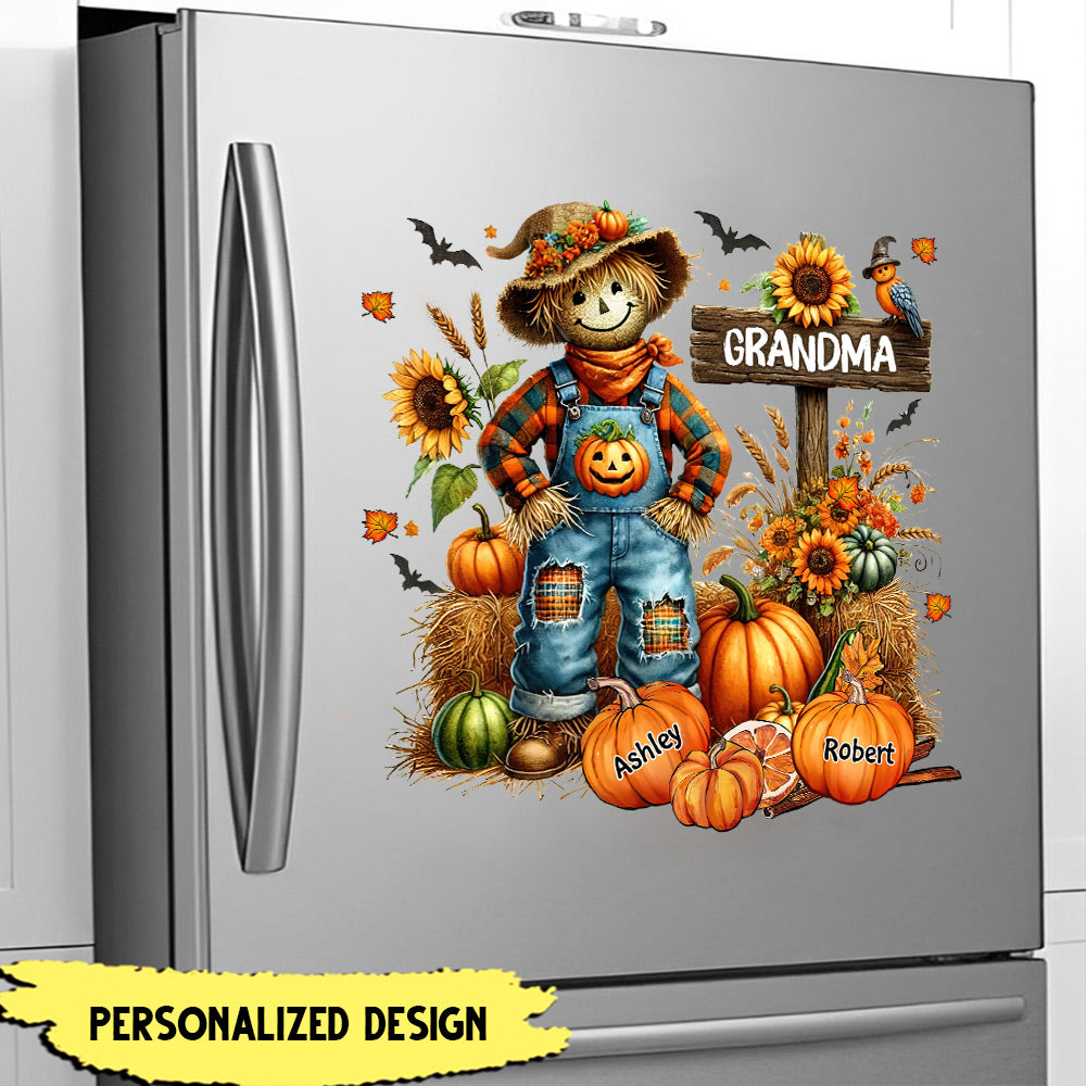 Grandma Scarecrow With Kid Names On Pumpkins Personalized Decal