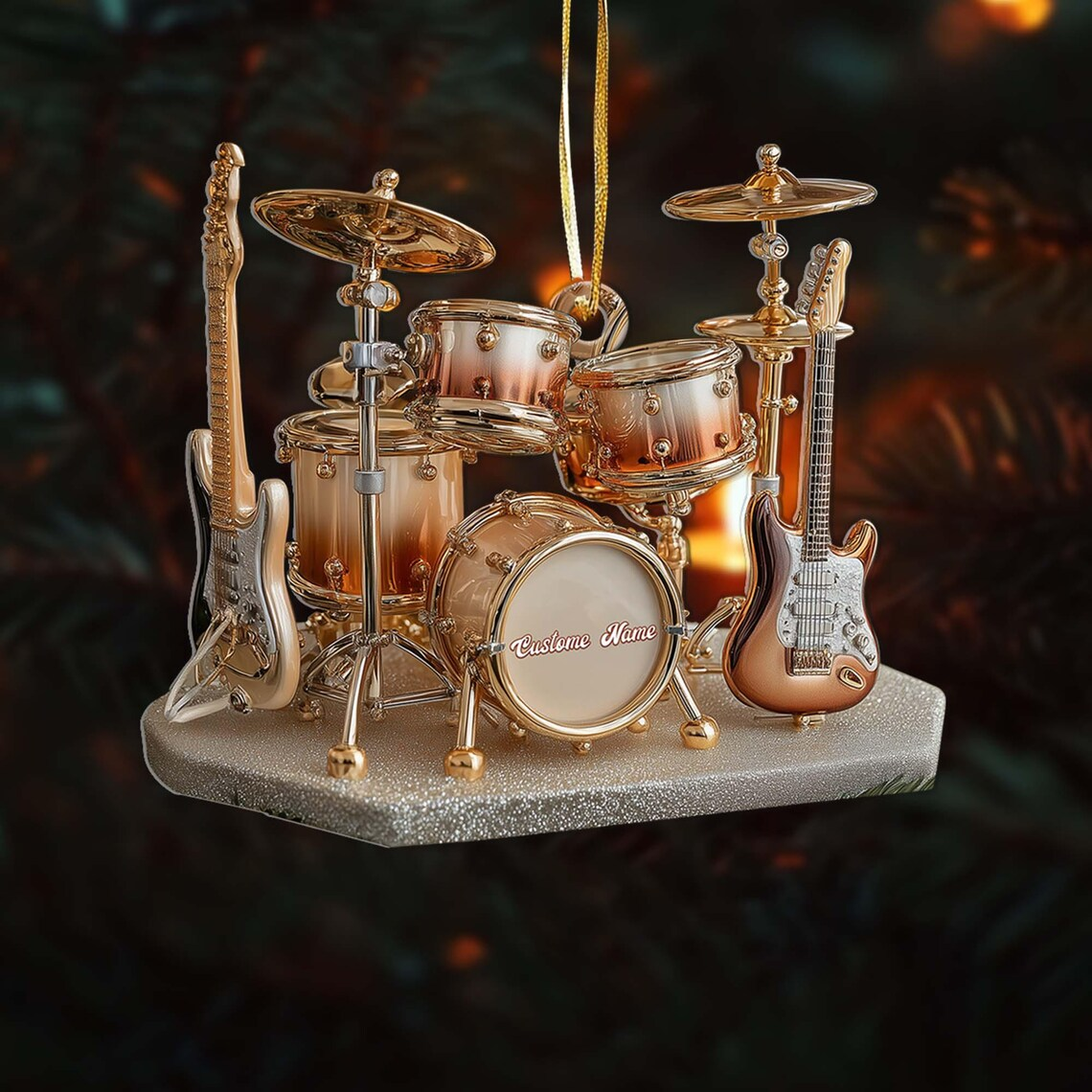 Personalized Drum Xmas Ornament - Custom Name Guitar & Drums Christmas Gift