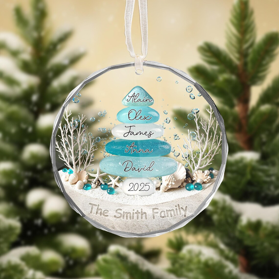 Personalized Sea Glass Tree  Family Name Christmas Ornament